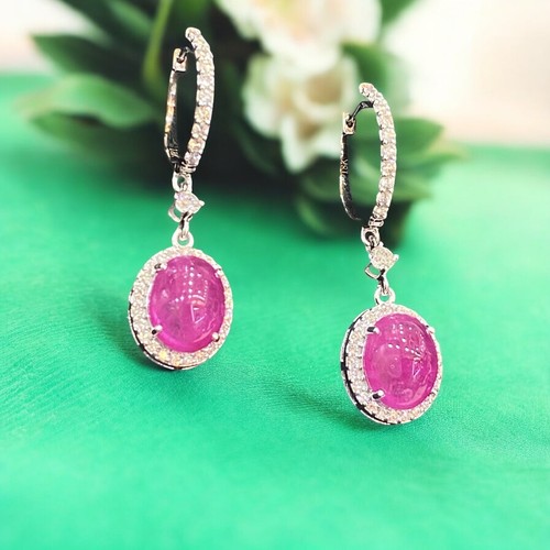 Pave 9.50 Cts Round Brilliant Cut Natural Diamonds Ruby Dangle Earrings 18K Gold - Picture 7 of 15