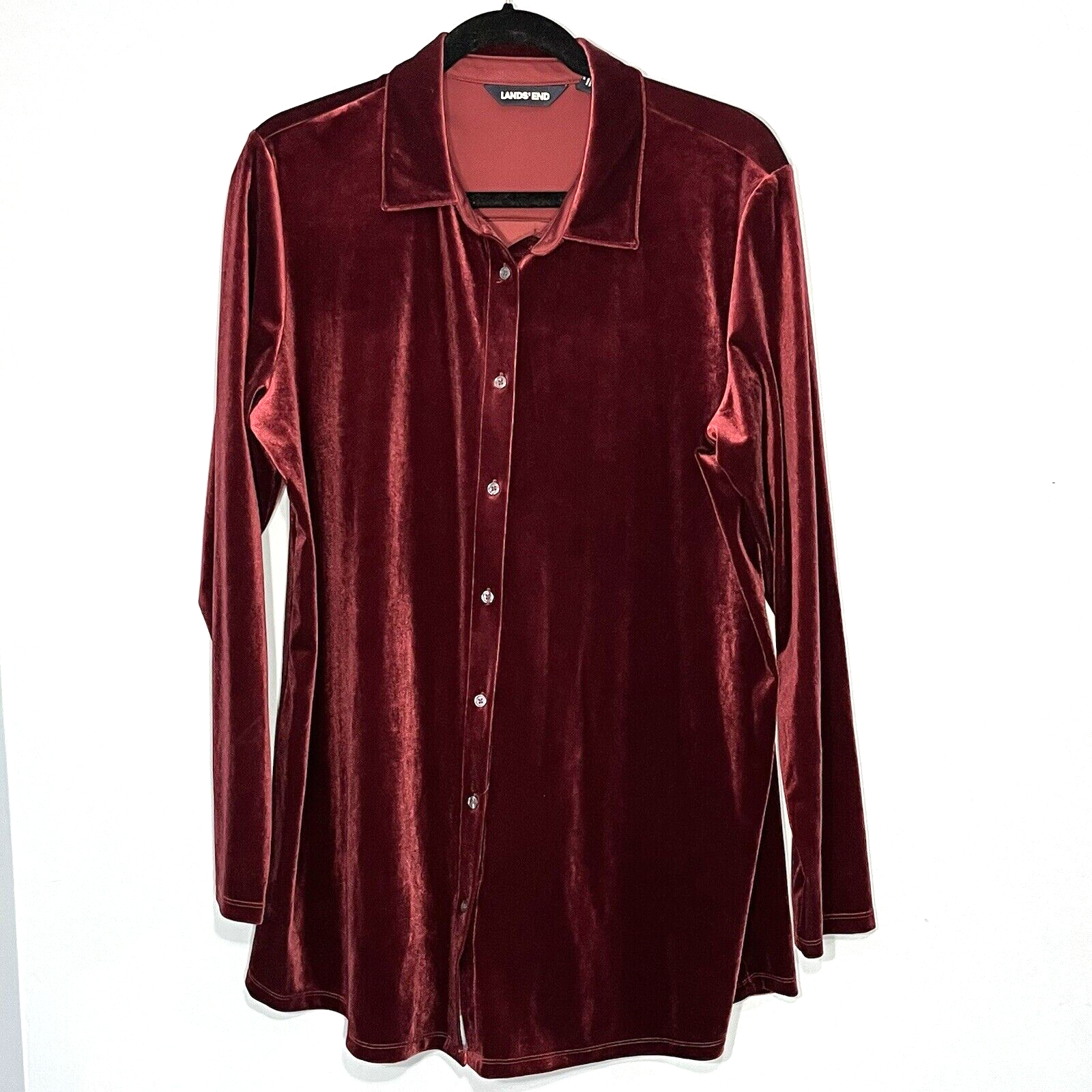 Lands End Womens XL Red Velvet Button Down Top Classic Sophisticated Old Money Style