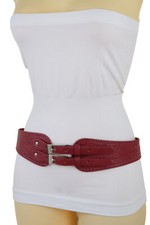 Women Red Elastic Fashion Clothing Belt Hip Waist Silver Metal Double Buckle S M