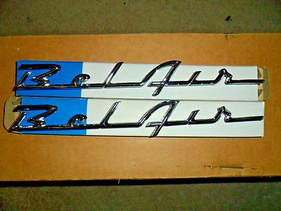 CHROME CHEVY BELAIR SCRIPT EMBLEMS - RIGHT & LEFT 5 PIN  10 1/5 INCH NEW