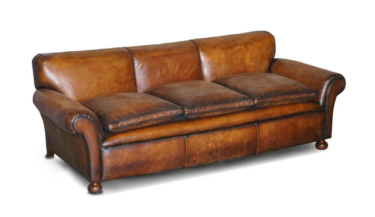 RESTORED HAND DYED BROWN LEATHER ANTIQUE VICTORIAN 3 4 SEAT SOFA FEATHER SEATS