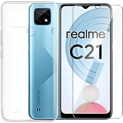 For REALME C21 TEMPERED GLASS SCREEN PROTECTOR + CLEAR SILICONE TPU CASE COVER