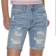 Juniors SO Distressed Folded Hem High Rise Vintage Bermuda Shorts Ligh Blue Sz 7