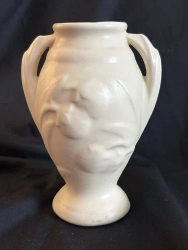 Vintage Shawnee Embossed Ceramic Vase, ~6”, Berries,  Cream color, Handles MCM