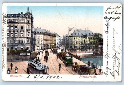 Chemnitz Saxony Germany Postcard View of Nicolai Bridge 1902 Antique Posted