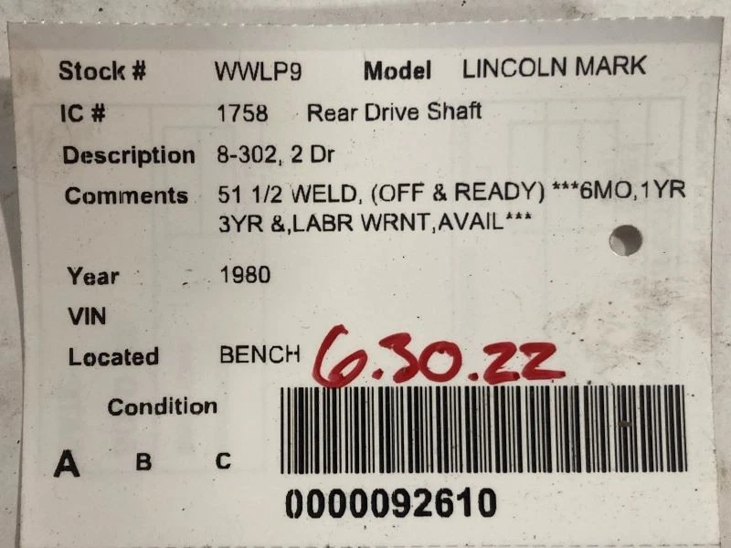 Rear Drive Shaft 2 Door Fits 80-83 LINCOLN MARK SERIES 1582144 Foto 4 de 4