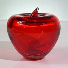 Vintage Blenko Hand Blown Art Glass Apple Paperweight RUBY RED 3.5"