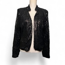 Cherish Size Large Black Sequin Evening Blazer Jacket Open Front Fully Lined