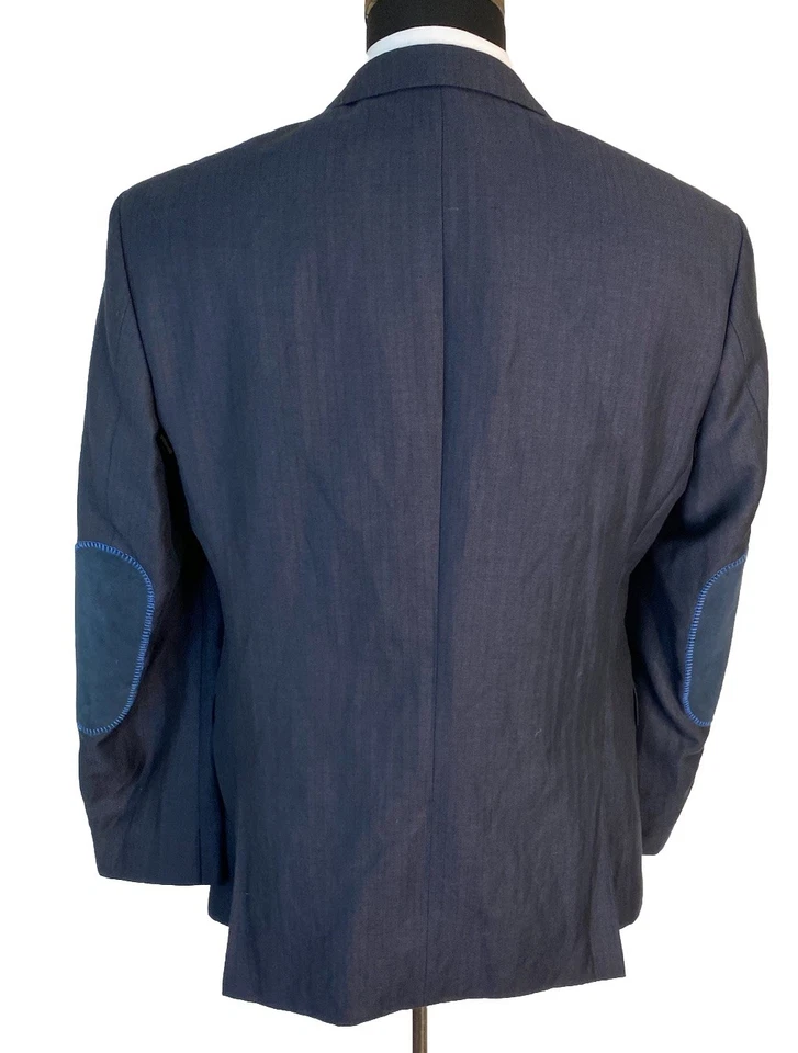 Blazer Hugo Boss Para Hombres 40S Lana Lino Negro Abrigo Deportivo Borde Azul Parches en el Codo Foto 4 de 4