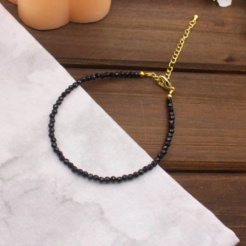 Dainty A++ Black Spinal Faceted Round Gemstone Tiny Beads Unisex Bracelets 6-8'' - Image 3 of 4