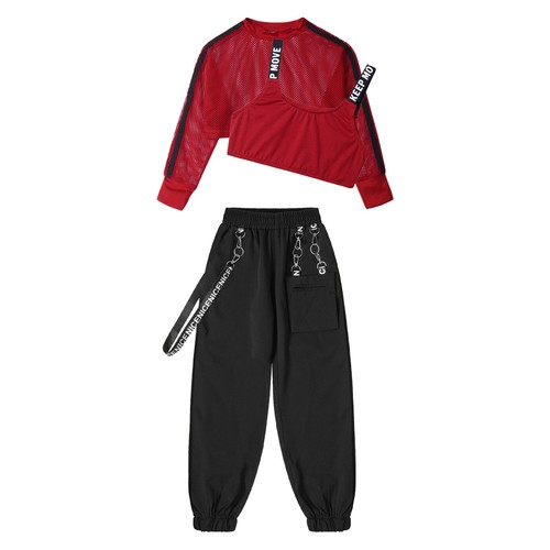 Kids Girls Dance Outfit Metal Chain Pants Hip-hop Dance Clothes 3Pcs Mesh Set - Picture 19 of 32