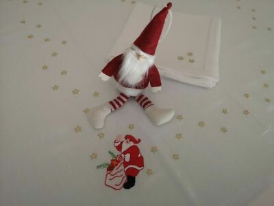Elegant Christmas tablecloth x12 in pure linen with full stitch hand embroidery