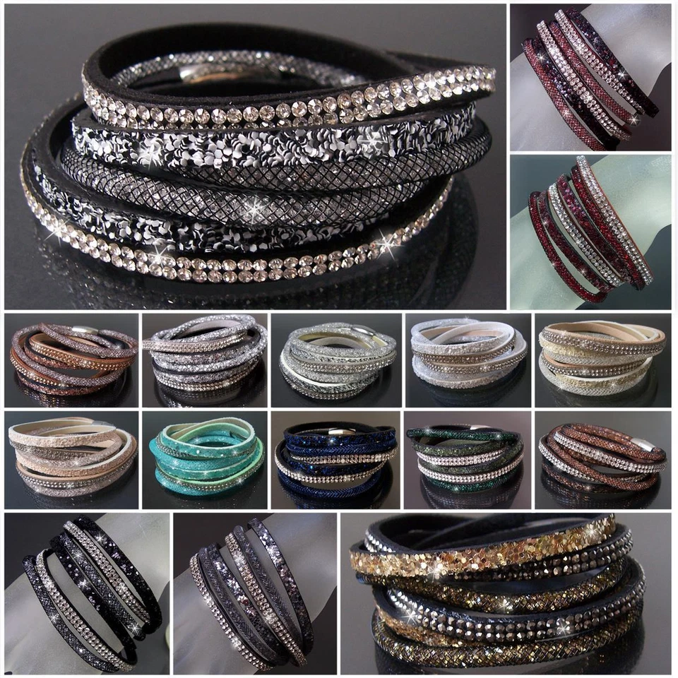 Armband Slakearmband Lederlook Glitzer Strass Wickelarmband Edelstahl Damen VA32 - Bild 2 von 2