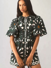 Farm Rio Ainika Dress Anthropologie Flower Peter Pan Collar Hunter Green L NEW