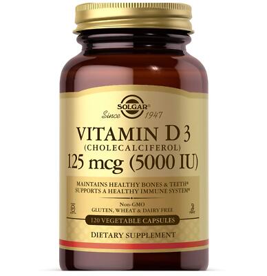 Solgar Vitamin D3 5000 IU 125mcg Vegetable Capsules 120 Count for Healthy Bones