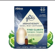 NEW GLADE AROMATHERAPY COOL MIST DIFUSER OIL CLARITY LEMONGRASS BERGAMOT
