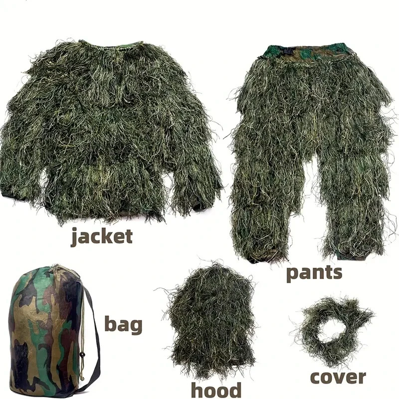 New 1pc Camo Ghillie Clothing Set For Kids - Jacket, Pants, Hood, And Handbag - Image 4 of 4