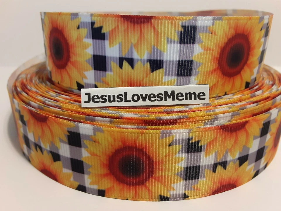 Grosgrain Ribbon Large Sunflowers Black & White Plaid Garden Sewing Crafting 1" - Image 1 of 1