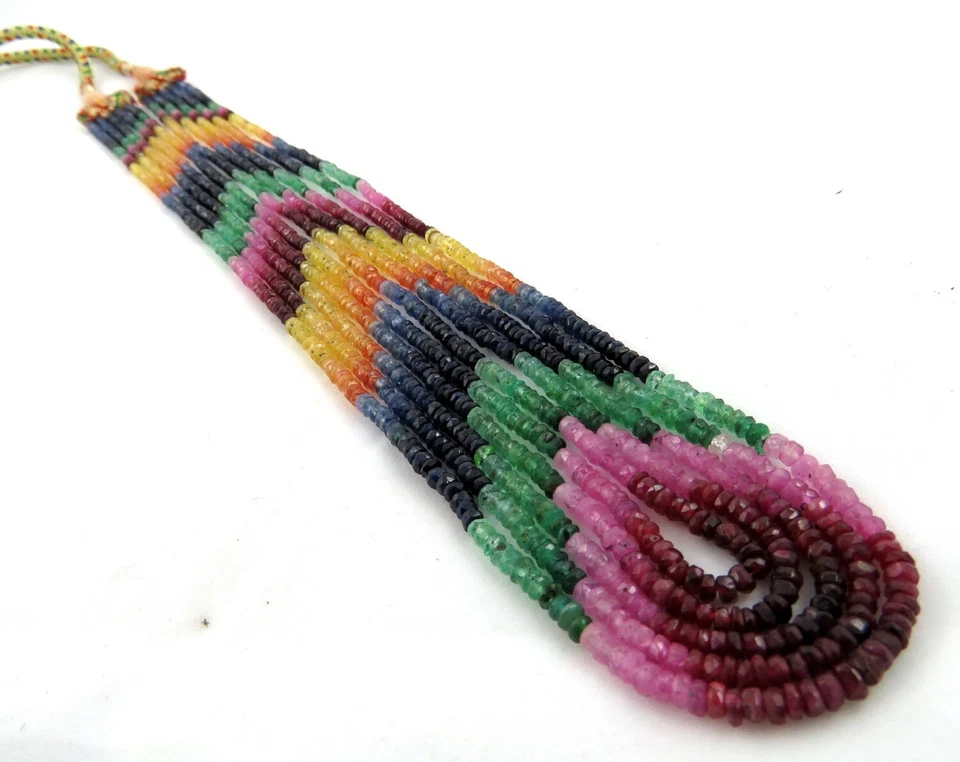 5 Strand Natural Of Emerald Sapphire Ruby Multi Gemstone Beaded Necklace Jewelry - Image 3 of 4