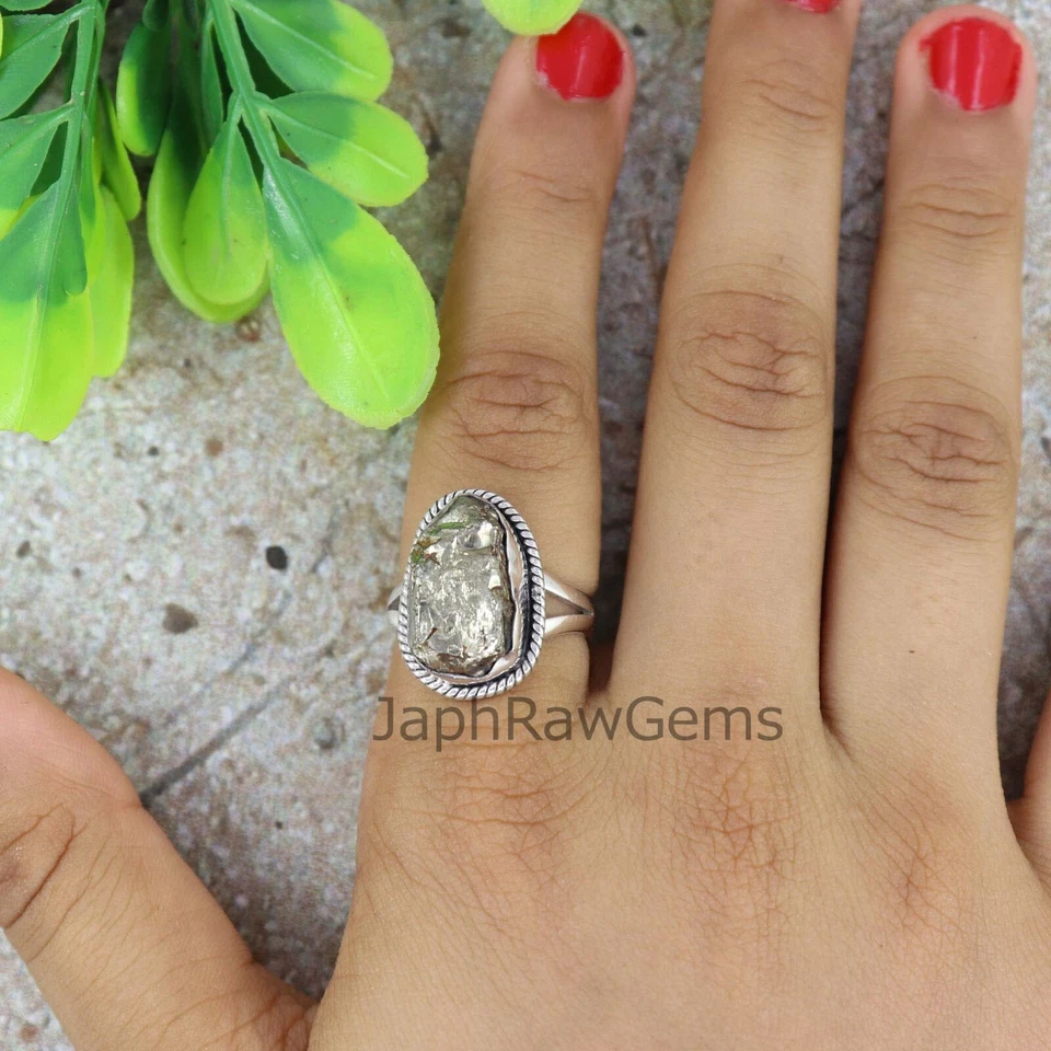 Natural Pyrite 925 Sterling Silver Boho Uncut Healing Crystal Ring Jewelry - Image 3 of 4