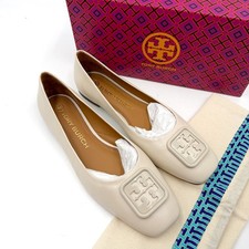 Tory Burch Georgia Ballet Flats Brie Cream Leather Square Toe Logo Sz 10