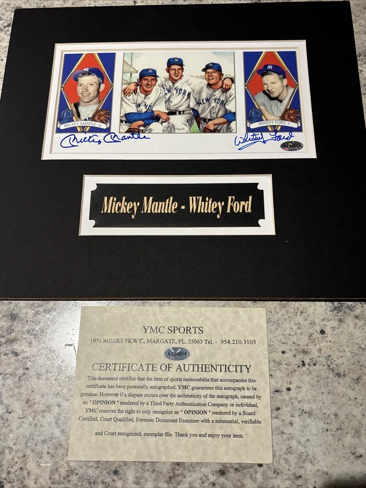 VTG MICKEY MANTLE & WHITEY FORD SIGNED 5x9 NEW YORK YANKEES YMC SPORTS COA 11x12 - Image 2 of 4