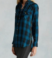 True Religion Plaid Top Logo Black Aqua Blue Tunic Zip Women’s Size Large Snaps