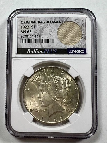 1923 Silver Peace Dollar – NGC MS63 BullionPLUS, Original US Mint Bag Fragment