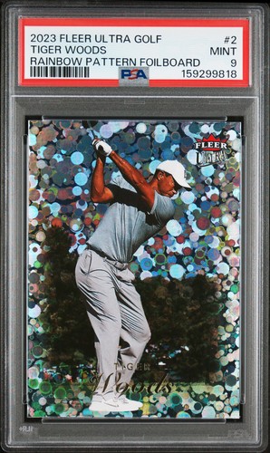 2023 UD FLEER ULTRA GOLF RAINBOW PATTERNED FOILBOARD #2 TIGER WOODS PSA 9