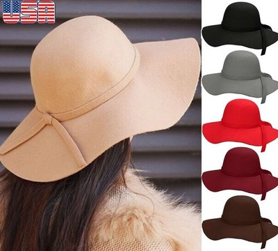 Vintage Women Wide Brim Floppy Warm Wool-look effect Hat Trilby Bowler Cap Beach