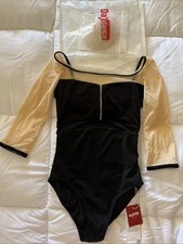 Dance Leotard NWT Size Small 3/4 Sleeve Black With Velvet, Soft Mesh Splicing