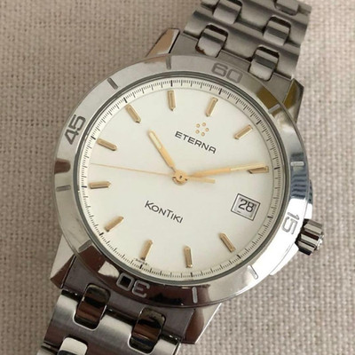Eterna Kontiki Quartz Men's Watch 36mm White Dial Stainless Steel Japan Rare