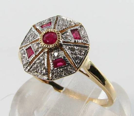 Anillo Art Deco Cocktail 9K 9CT Oro Rosa Rubí y Diamantes Cluster Ajuste Gratis