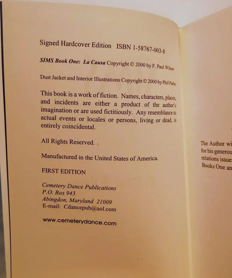 Sims Book One: La Causa SIGNED by F. Paul Wilson 1st Edition, Limited Numbered - Image 3 of 4