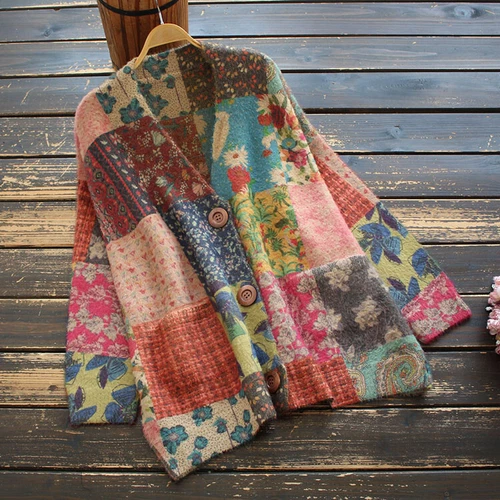 Damen-Cardigan Pastoral-Stil V-Ausschnitt Blumen Patchwork Retro Strickwaren Pullover - Bild 13 von 17