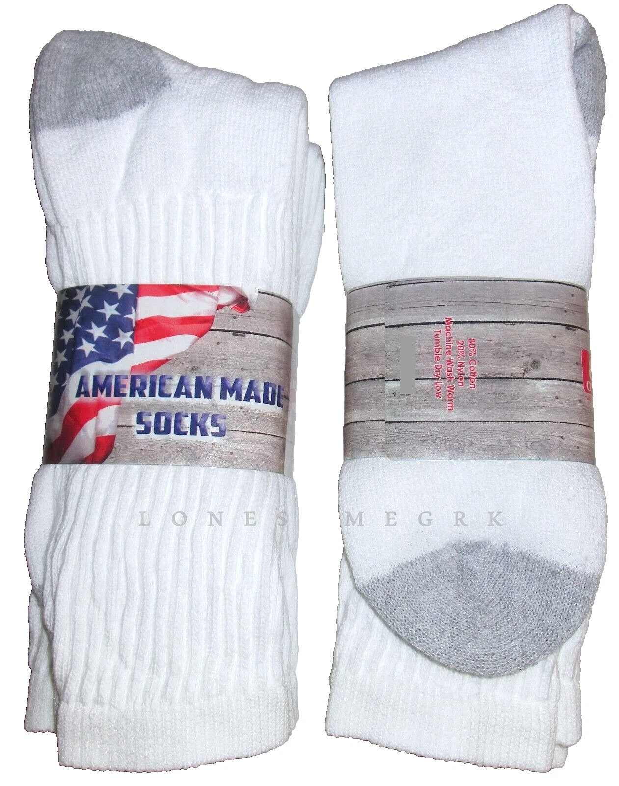 6 Pairs Mens Lightly Cushioned White 80% Cotton Crew Socks USA Made