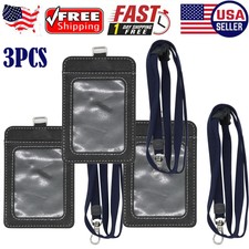ID Badge Card Holder Pu Leather Vertical Clip Neck Strap Lanyard Necklace Case