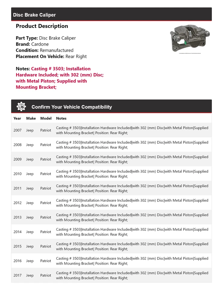 Pinza de freno de disco trasera derecha Cardone 2008 2009 2010 para Jeep Patriot 2007-2017 Foto 2 de 4