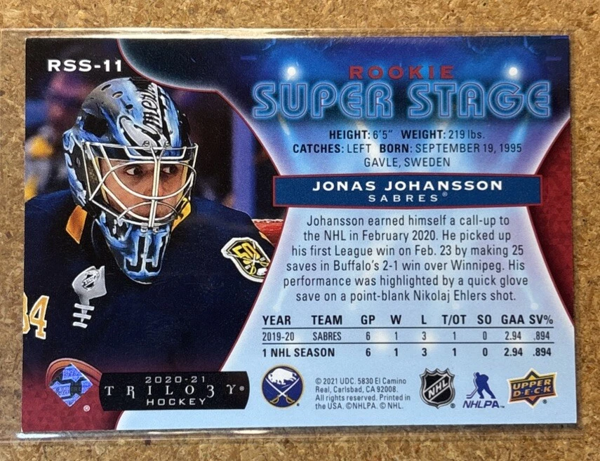 2020-21 Upper Deck Trilogy Rookie Super Stage Jonas Johansson #RSS-11 439/999 - Image 2 of 2