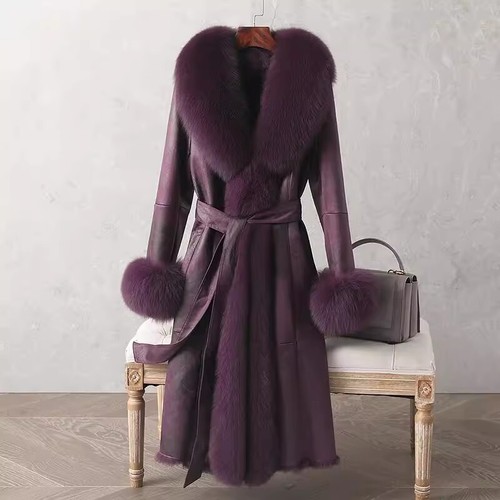 Faux Fox Fur Collar Womens Rabbit Fur Lining Parkas Thicken Leather Coat Warm Ou