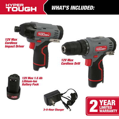 Hyper Tough 12V Max* Cordless 2-Tool Drill and Impact Driver Combo Kit. USA. NEW