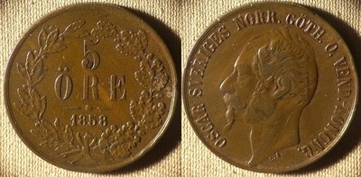 Sweden : 1858/7  5 Ore  XF Some Micro Rim Dings #690  IR4358