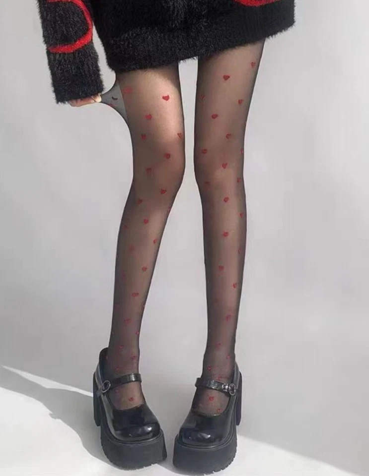 Nuevo Mujeres Retro Chic Dulce Sexy Rojo Corazón Negro Transparente Pantimedias Medias Foto 3 de 4