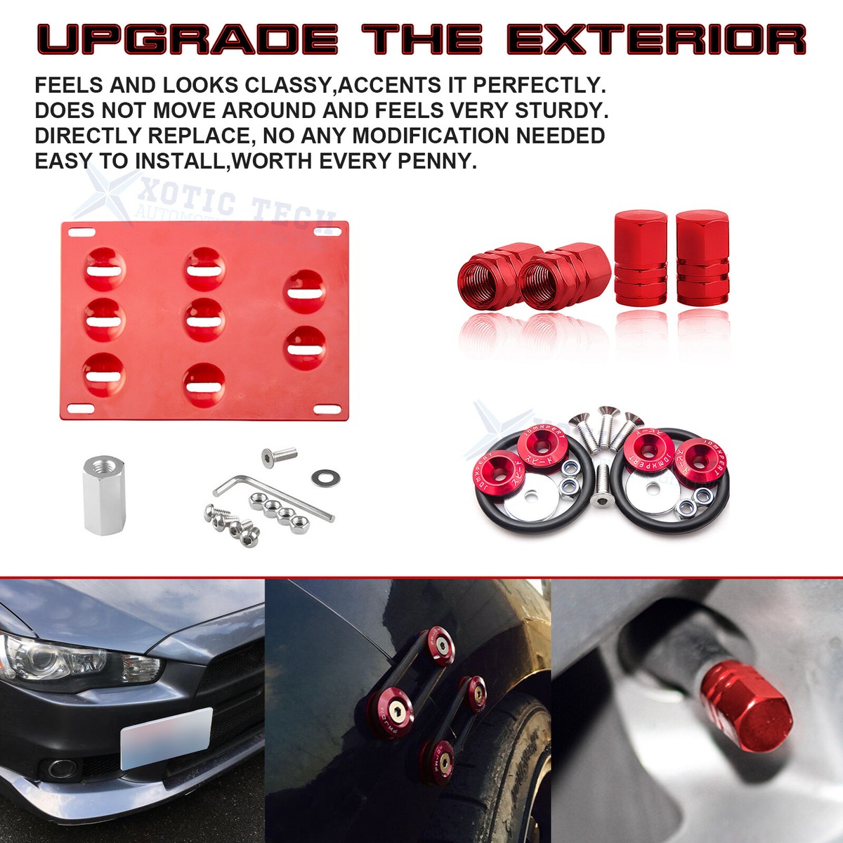 Red Tow Hook License Plate + Air Valve + Release Fastener For