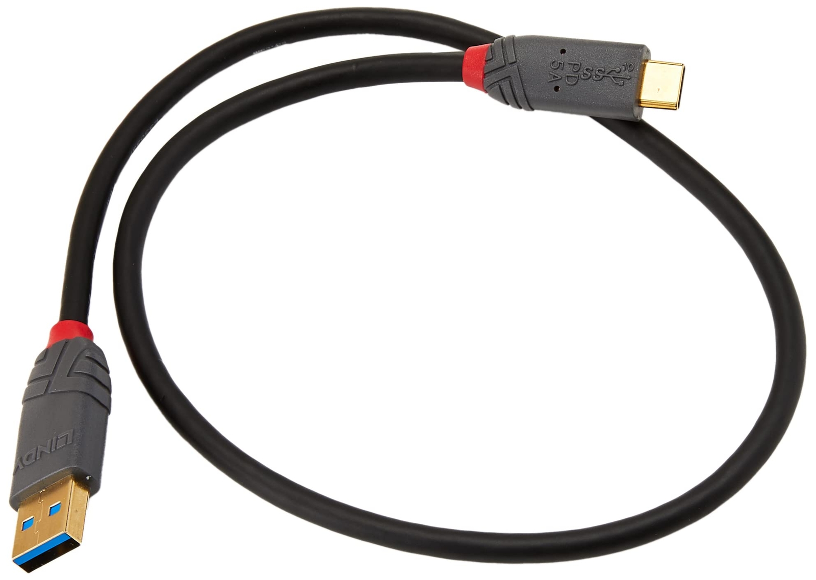 LINDY 36910 USB 3.2 Type C to A Cable, 5A, Anthra Line, Black, 0.5m