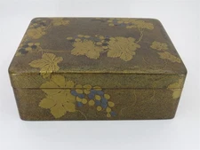Antique Japanese Meiji Era Lacquer Bako Box Gilt Grape Leaves 9" x 6.75" x 3.25