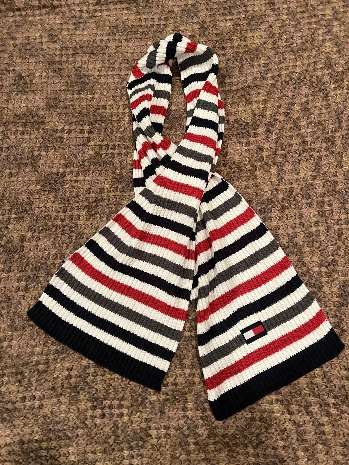 TOMMY HILFIGER SCARF NAVY/RED/WHITE/GREY stripes, LOGO Flag, ONE SIZE, WINTER