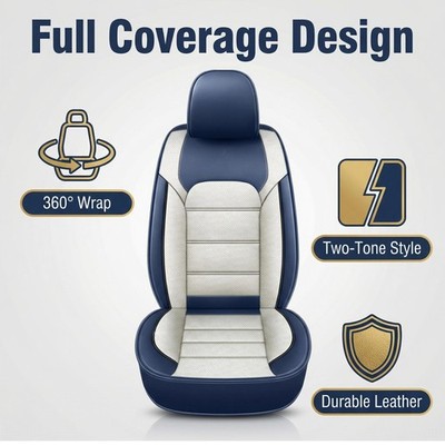 Luxury Blue White Leather Car Seat Covers, Universal 5 Seater Protection