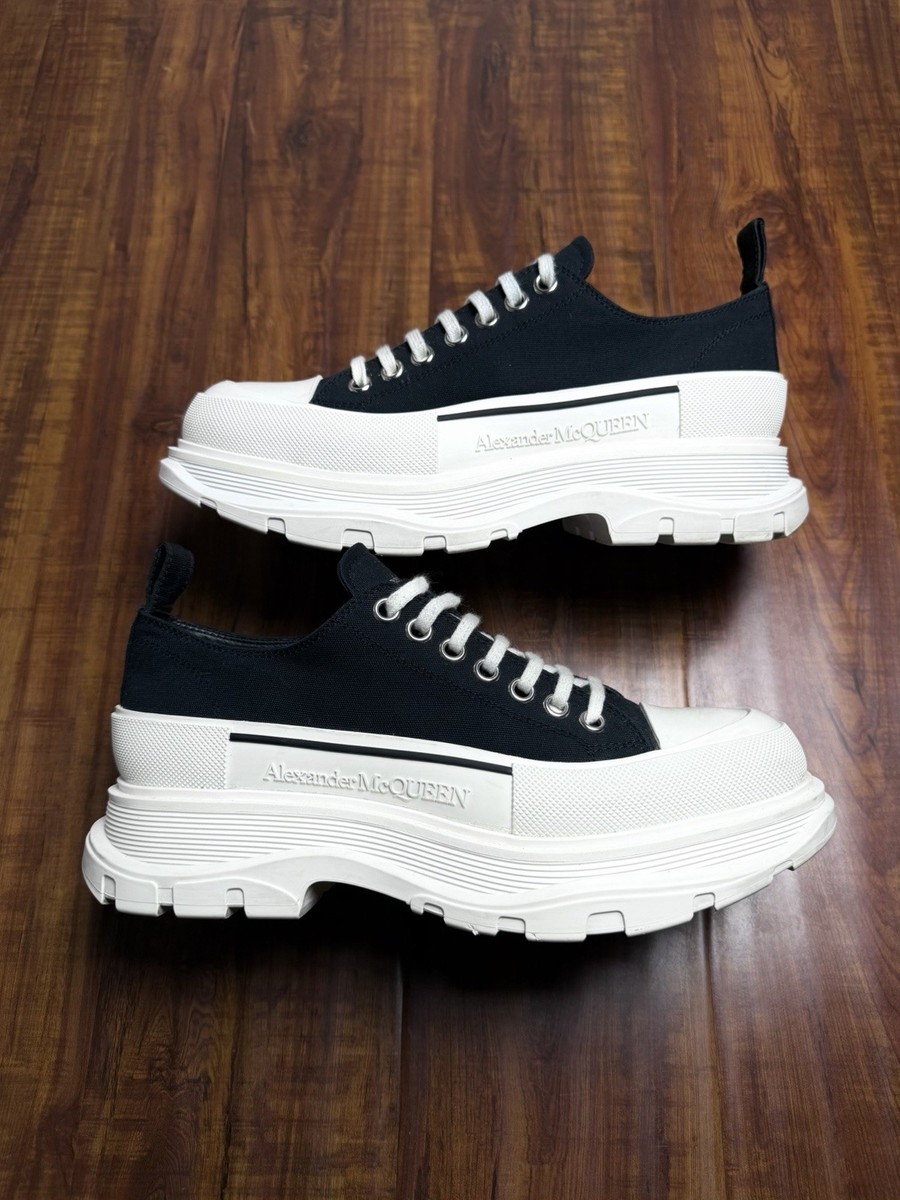 Alexander McQueen Tread Slick Mens Black White Canvas Sneakers