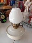 Vintage SAVU Miniature Pixie Oil Lamp White Metal Enamel / Milk Glass Shade